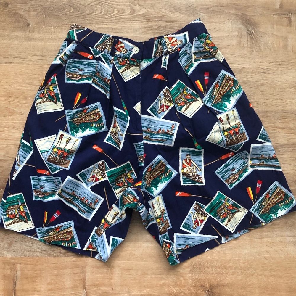 Vintage Bushwacker USA Shorts High Waist Pleated Cotton Canoe Graphics Size 8